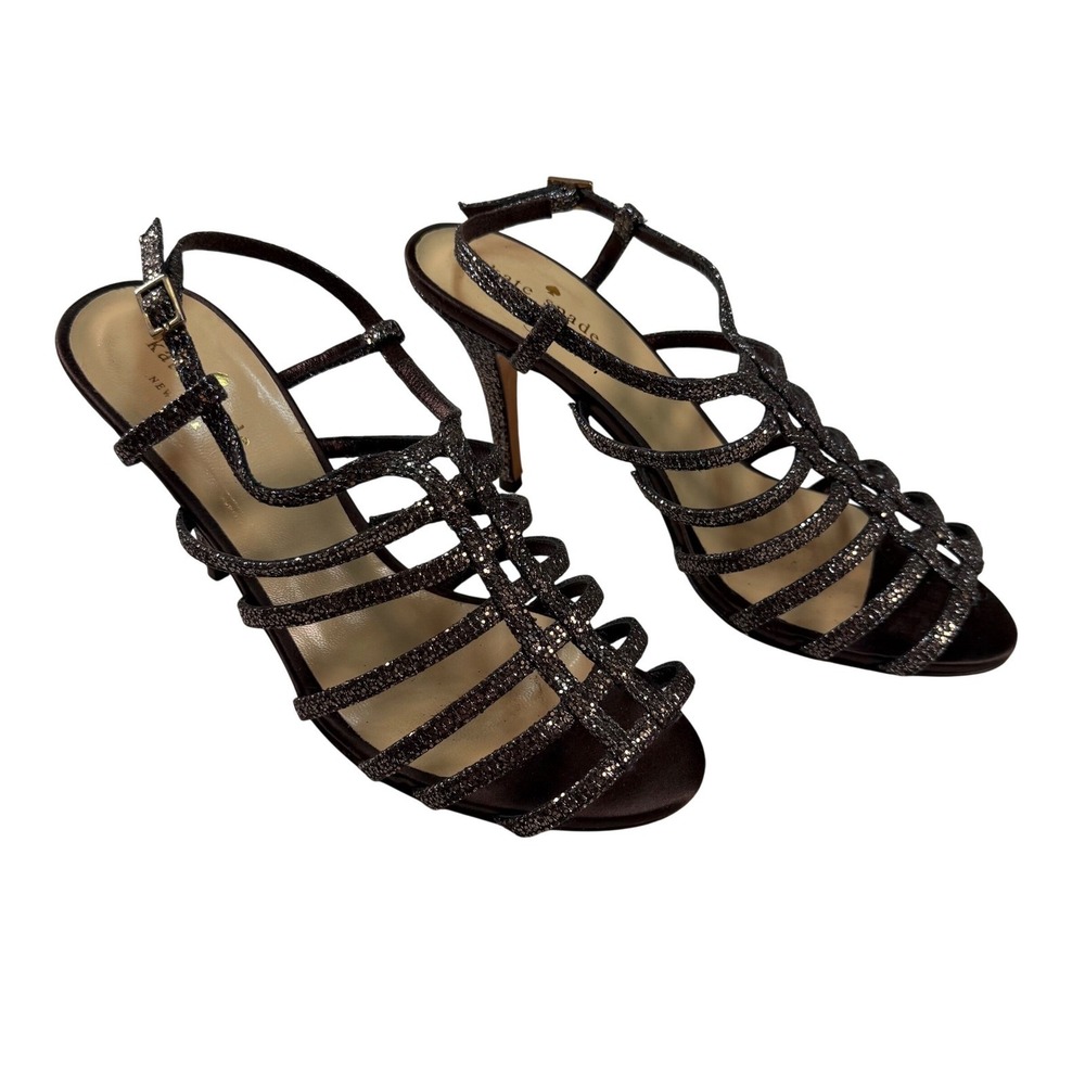 Kate Spade Glitter Cage Heels Bronze/Black Strappy Sandals Italy Women's Size 7